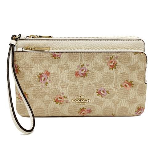 【COACH】C LOGO玫瑰印花長夾式雙層大手拿包/零錢包(米白/玫瑰)