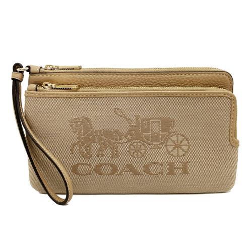 【COACH】素面大馬車帆布長夾式雙層大手拿包/零錢包(奶茶色)