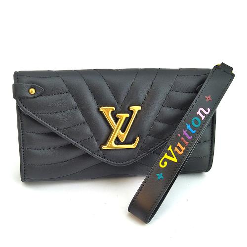 九成新--LV New Wave 黑色V形紋牛皮霧金釦手拿12卡皮夾包