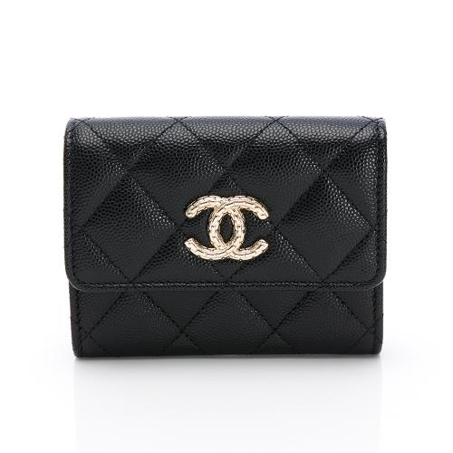 Chanel 雙C壓紋logo翻蓋雙層零錢包(黑/金)