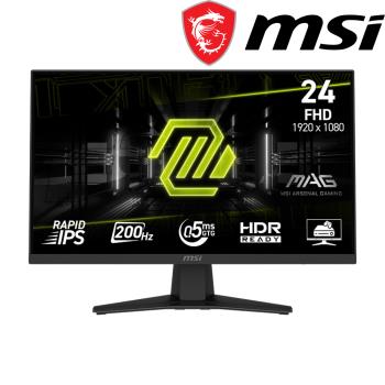  MSI 微星 MAG 244F 23.8吋 IPS 面板電競顯示器，採用 1920x1080 全高畫質解析度與 200Hz 高更新率，提供流暢無撕裂的遊戲體驗。具備 0.5ms 超快反應時間、1000:1 對比度及 300 cd/m2 亮度，支援 HDR 與 1.07 億色顯示，178° 廣視角讓畫面細膩逼真。內建抗藍光與護眼功能，適合長時間追劇或電競使用；窄邊框設計與 VESA 壁掛相容，輕巧 4.7kg 機身易於安裝。搭載 HDMI 與 DisplayPort 介面，AMD FreeSync 技術消除畫面卡頓，三年保固安心選購，是 Gamer 與影音愛好者的首選。 