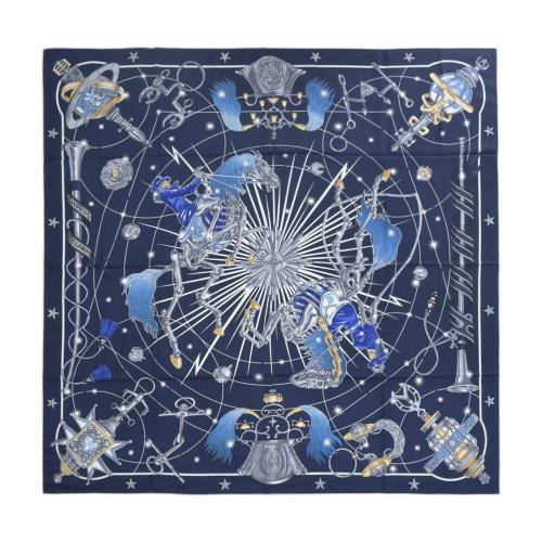 Hermes 愛馬仕 Chorus Stellarum 140 手工捲邊喀什米爾與真絲混紡方巾(海軍藍/靛藍/白色)