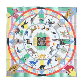 Hermes 愛馬仕 Le Carrousel du Tigre Royal 90 手工捲邊斜紋真絲方巾(白色/綠色)