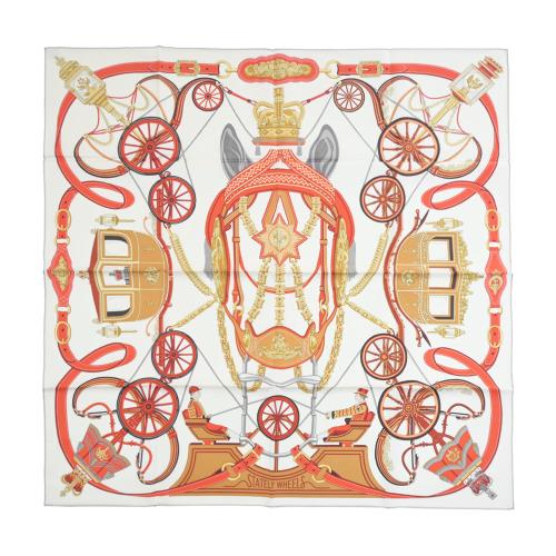 Hermes 愛馬仕 Stately Wheels 90 手工捲邊斜紋真絲方巾(白/橙/灰)