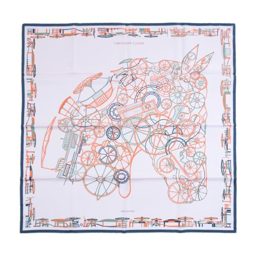 Hermes 愛馬仕 Complication Equestre 90 手工捲邊斜紋真絲方巾(淡粉/橘/卡其)