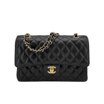 Chanel 展示品 雙C菱格牛皮金鍊翻蓋coco斜揹包-25cm(A01112-黑)