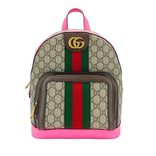 Gucci Ophidia 展示品 印花帆布牛皮飾邊手提後背包(547965-螢光粉)