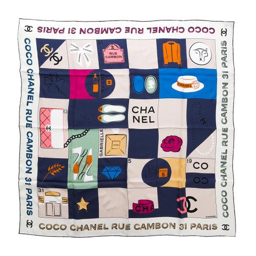Chanel COCO多精品圖案方巾(白底/米色&深藍方格)