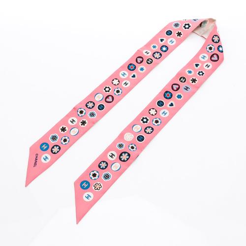 Chanel 小花小雙C及COCO圖案雙面絲巾(玫瑰粉/白)