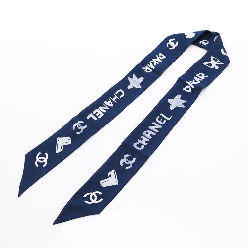 Chanel Dakar手繪風多圖案絲巾(深藍/白)