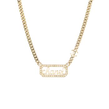 Chanel 文字logo項鍊(小珍珠及水鑽邊框/純金色草寫文字logo)