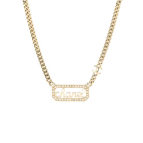 Chanel 文字logo項鍊(小珍珠及水鑽邊框/純金色草寫文字logo)