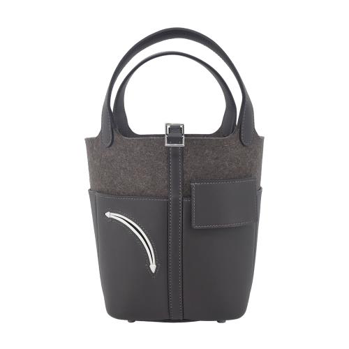 Hermes 愛馬仕 Picotin Lock Go Team 18CM AA SWIFT 牛皮拼毛氈桶包(AA黑色/烏木/W刻/銀釦)