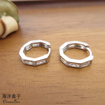 【海洋盒子】精緻素雅六邊形鑲鑽鋯石針式925純銀易扣耳環.外鍍專櫃級正白K.圈圈耳環