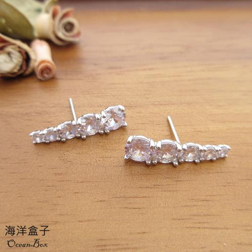 【海洋盒子】春日趣味毛毛蟲鑲鑽鋯石925純銀耳環.貼耳耳環.外鍍專櫃級正白K