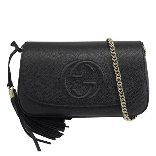 GUCCI 536224 SOHO 大雙G浮雕LOGO流蘇肩斜鍊包.黑 