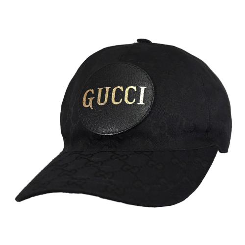 GUCCI 576253 GG 燙金皮標LOGO緹花布遮陽帽/棒球帽.黑