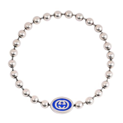 GUCCI 753437 經典雙G LOGO小圓珠純銀手鍊.藍/銀