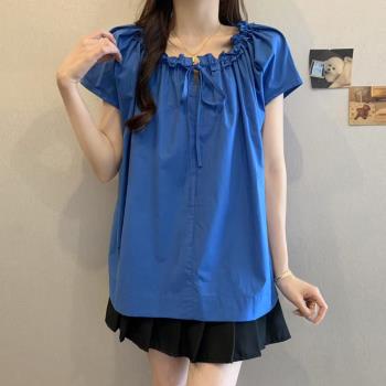 【ALLK 歐楷】新品 棉麻綁帶上衣 深藍色(尺寸L-XXL/中大尺碼/涼爽/透氣)