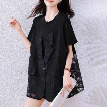 【ALLK 歐楷】新品 假兩件拼接上衣 黑色(尺寸L-XXL/中大尺碼/涼爽/透氣)