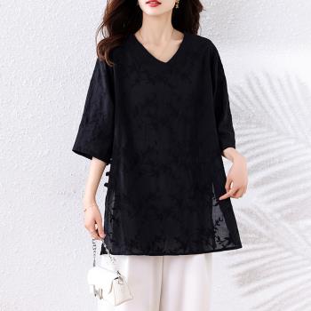 【ALLK 歐楷】新品 棉麻刺繡上衣 黑色(尺寸L-XXL/中大尺碼/涼爽/透氣)