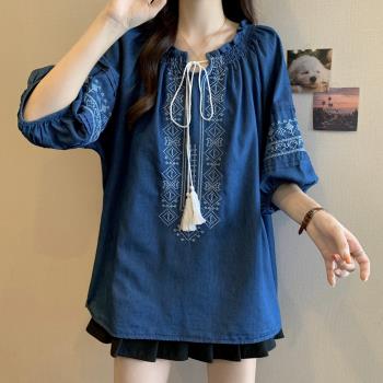 【ALLK 歐楷】新品 刺繡綁帶上衣 深藍色(尺寸L-XXL/中大尺碼/涼爽/透氣)