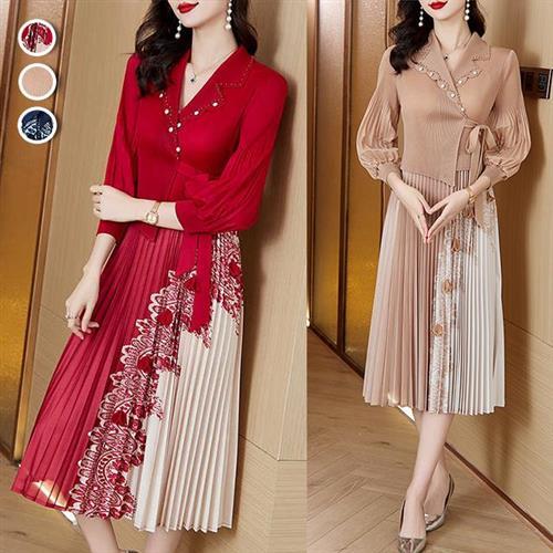 【KEITH-WILL歐風】韓國三宅頂極淑女壓褶高端系列長袖洋裝(中大尺碼/皺褶衣)