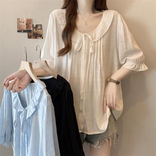 【ALLK 歐楷】新品 綁帶娃娃領上衣 共3色(尺寸L-XXL/中大尺碼/涼爽/透氣)