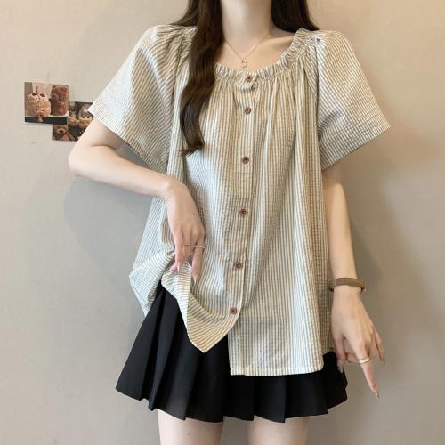 【ALLK 歐楷】新品 排釦泡泡袖上衣 杏色條紋(尺寸L-XXL/中大尺碼/涼爽/透氣)