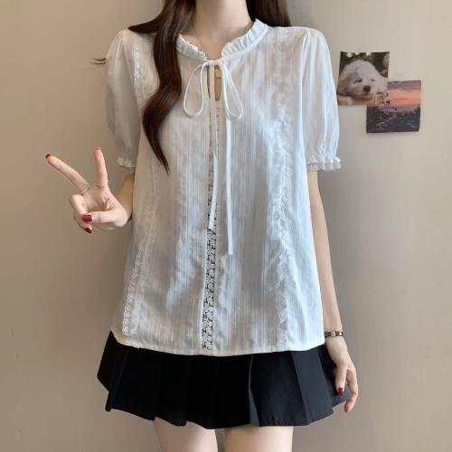 【ALLK 歐楷】新品 綁帶泡泡袖上衣 白色(尺寸L-XXL/中大尺碼/涼爽/透氣)