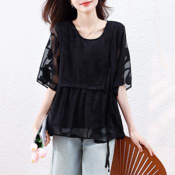 【ALLK 歐楷】新品 網紗拼接上衣 黑色(尺寸L-XXL/中大尺碼/涼爽/透氣)