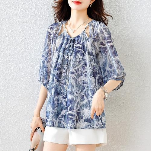 【ALLK 歐楷】新品 印花雪紡衫上衣 藍色(尺寸L-XXL/中大尺碼/涼爽/透氣)