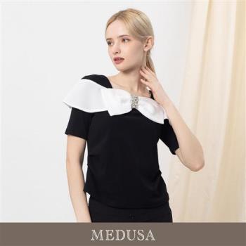 現貨【MEDUSA 曼度莎】法式大蝴蝶結典雅黑色上衣（M-XL）｜優雅上衣 女短袖上衣 氣質穿搭