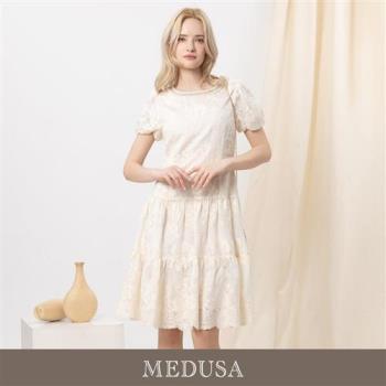 現貨【MEDUSA 曼度莎】米白刺繡蛋糕蕾絲小禮服（M-XL）｜小禮服 短袖洋裝 媽媽禮服