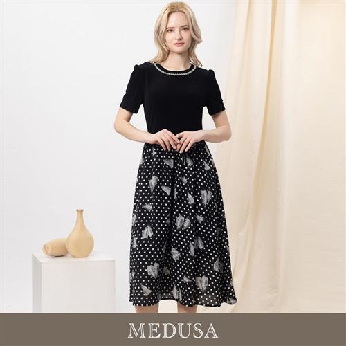 現貨【MEDUSA 曼度莎】鑽飾滾邊點點拼接雪紡洋裝（M-XL）｜小禮服 媽媽禮服 優雅穿搭