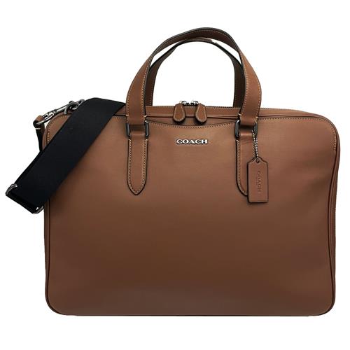 【COACH】素面滑面牛皮男中性款手提斜背兩用筆電公事包(咖)