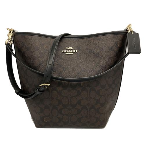 【COACH】新款C LOGO肩背斜背兩用水桶包(大款-深咖)