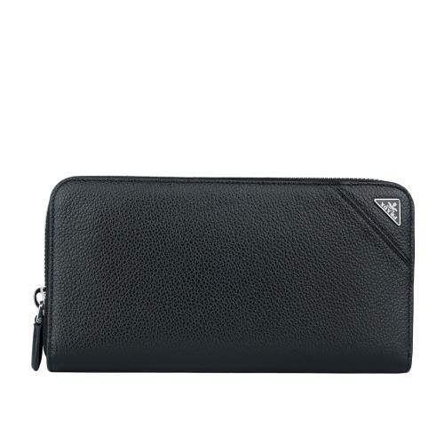 PRADA 銀色三角牌Logo 粒紋皮革ㄇ型拉鍊長夾(黑色)