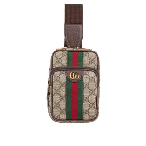 GUCCI GG Ophidia 塗層帆布及皮革綠紅織帶迷你胸口包(米色/烏木色)