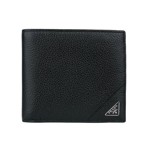 PRADA 銀字三角牌Logo 粒紋皮革對開多卡層短夾(黑色)