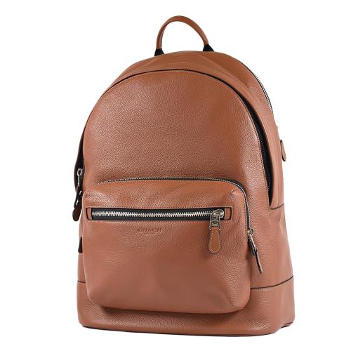 COACH 男款 荔枝紋皮革拉鍊後背包-焦糖色