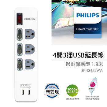 PHILIPS 飛利浦 SPN2642WA/96 USB快充3.4A 4開3座延長線