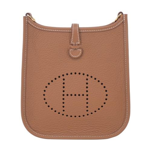 Hermes 愛馬仕 Evelyne 16CM T/C W刻 H LOGO 牛皮斜/肩背包(37駝色/金釦)