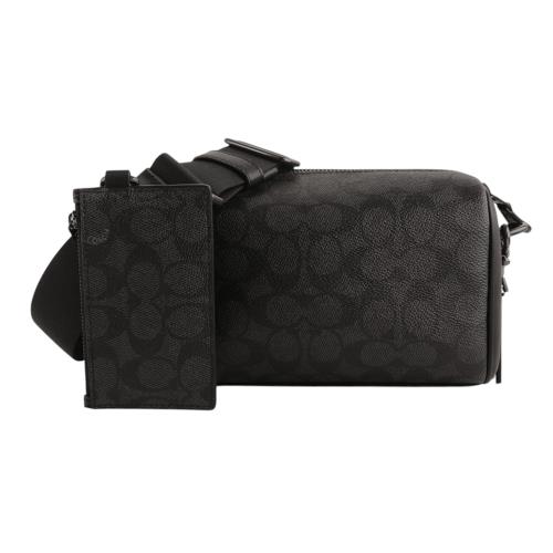 COACH-防刮LOGO 附零錢包斜背圓筒包(黑灰)小款