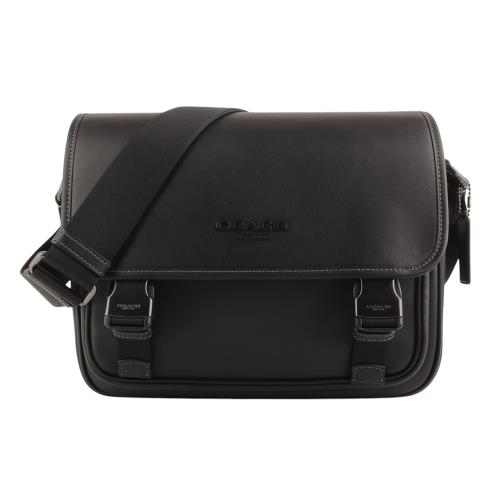 COACH-RACER 雙皮帶釦皮革方型斜背包(素面黑)中