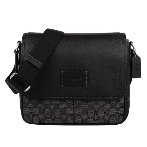 COACH-皮標LOGO緹花拚皮革磁釦方型斜背包(黑灰x黑)