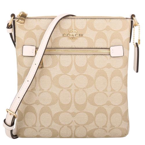 COACH-金馬車防刮PVC 拉鍊斜背扁包(淺卡其x白)小款