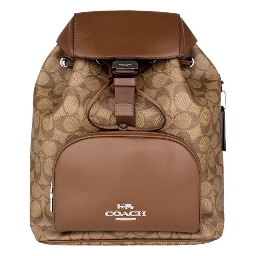COACH-PACE 撞色防刮LOGO 前口袋壓釦後背包(卡其x咖)