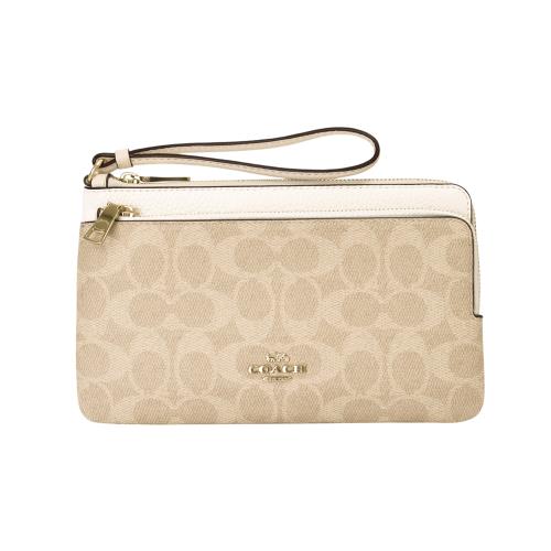 COACH-經典撞色防刮LOGO 雙層拉鍊大手拿包(米白x卡其)