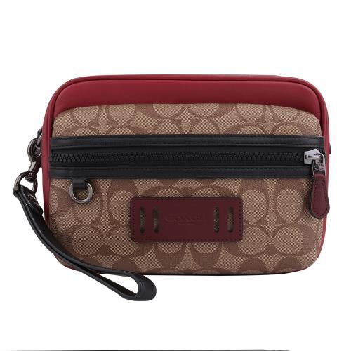 COACH-皮標LOGO拼色刮皮革掛大手拿包(深卡其x桃粉)